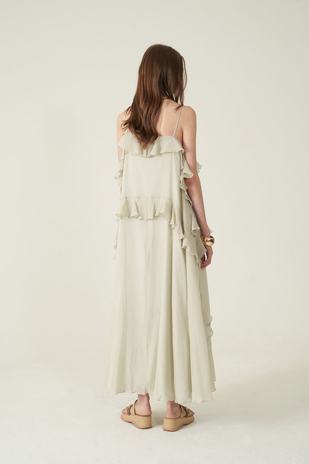 [CAHIERS 26SS] Silver-Thread Stripe Cotton-Silk Tiered Frill Slip Dress — vue 13