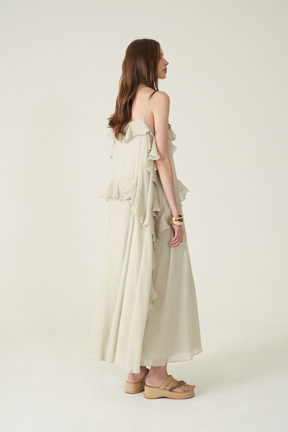 [CAHIERS 26SS] Silver-Thread Stripe Cotton-Silk Tiered Frill Slip Dress — vue 14