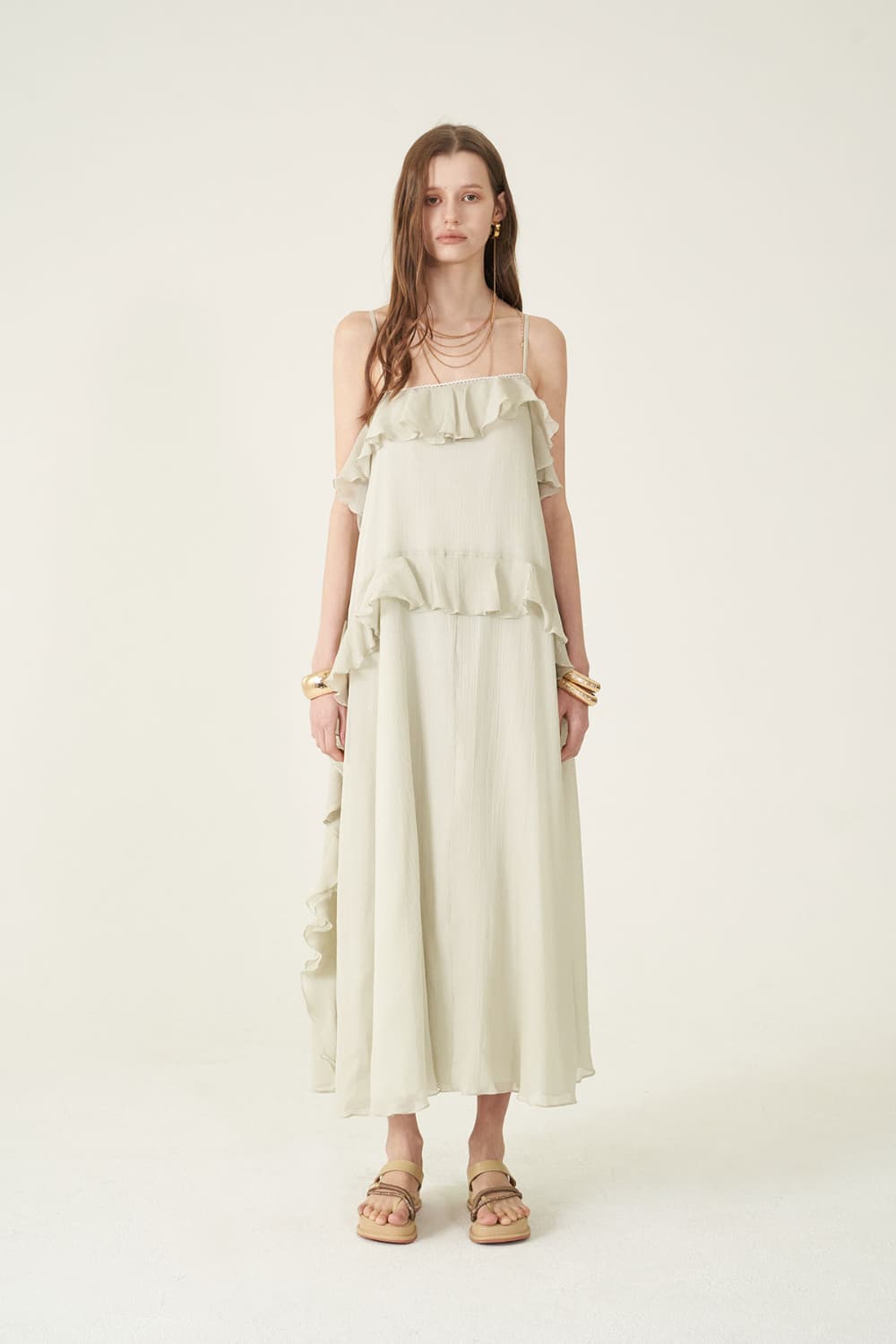 [CAHIERS 26SS] Silver-Thread Stripe Cotton-Silk Tiered Frill Slip Dress — vue 15