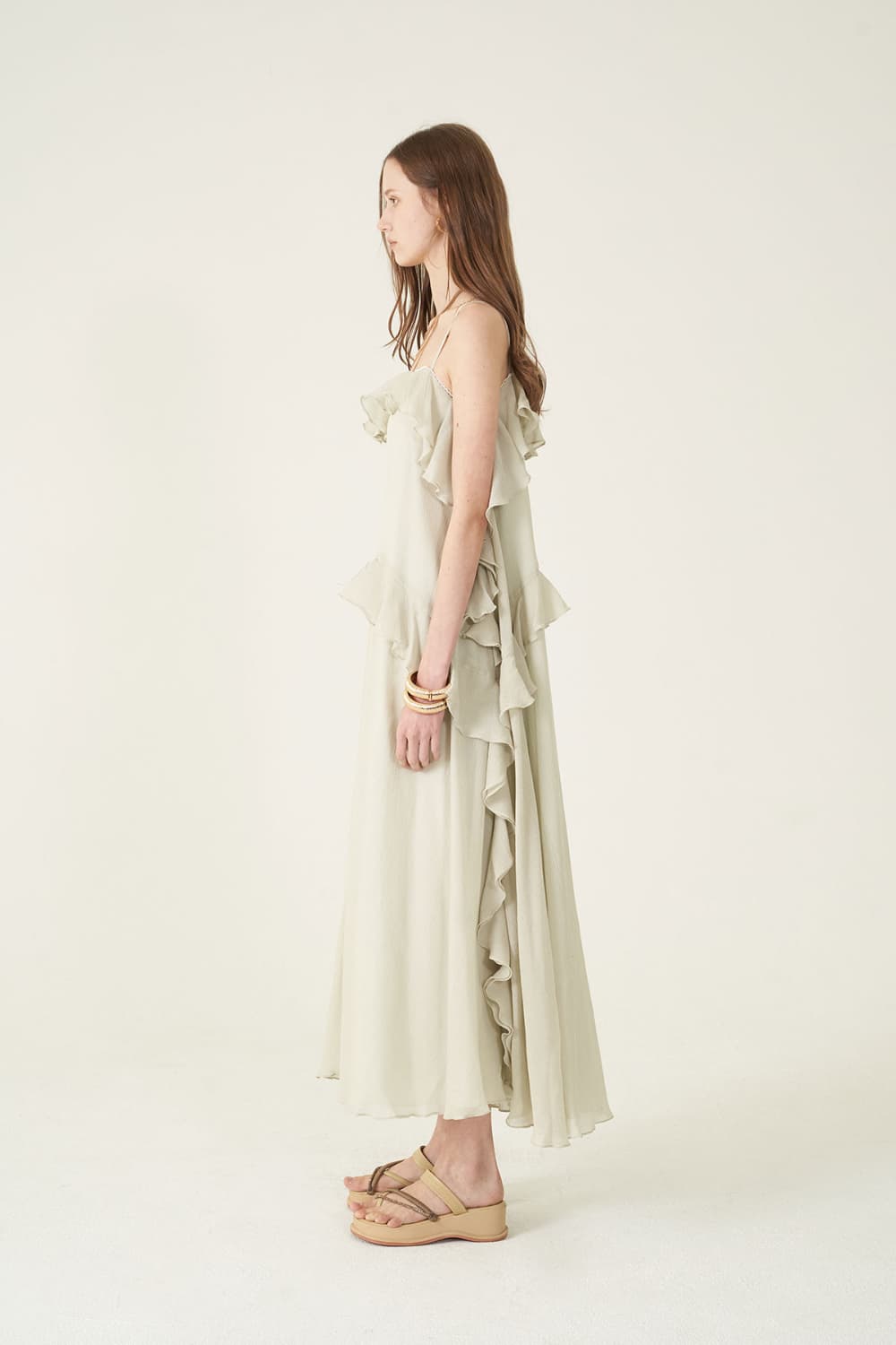 [CAHIERS 26SS] Silver-Thread Stripe Cotton-Silk Tiered Frill Slip Dress — vue 16