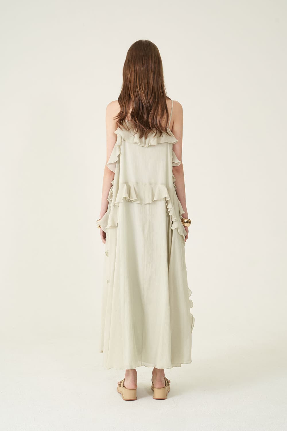[CAHIERS 26SS] Silver-Thread Stripe Cotton-Silk Tiered Frill Slip Dress — vue 17