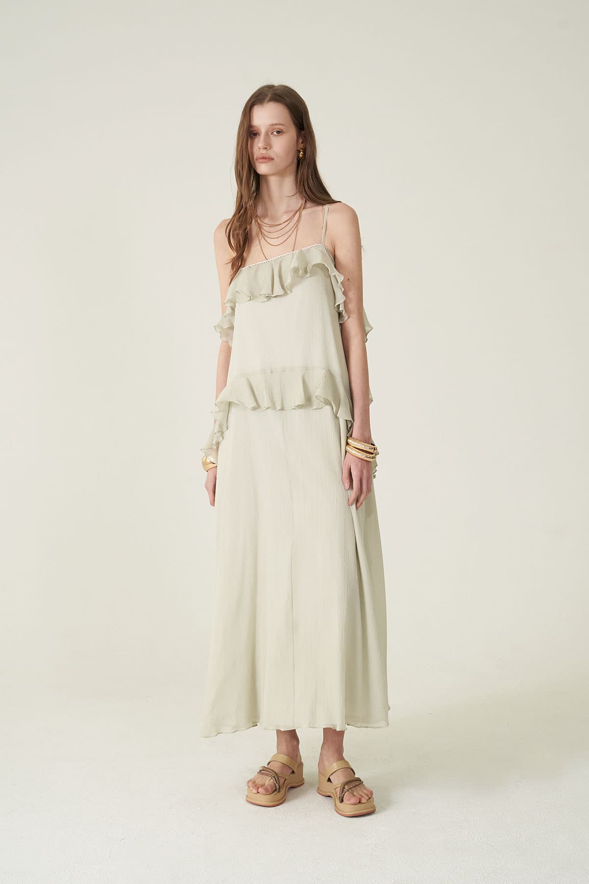 [CAHIERS 26SS] Silver-Thread Stripe Cotton-Silk Tiered Frill Slip Dress — vue 3