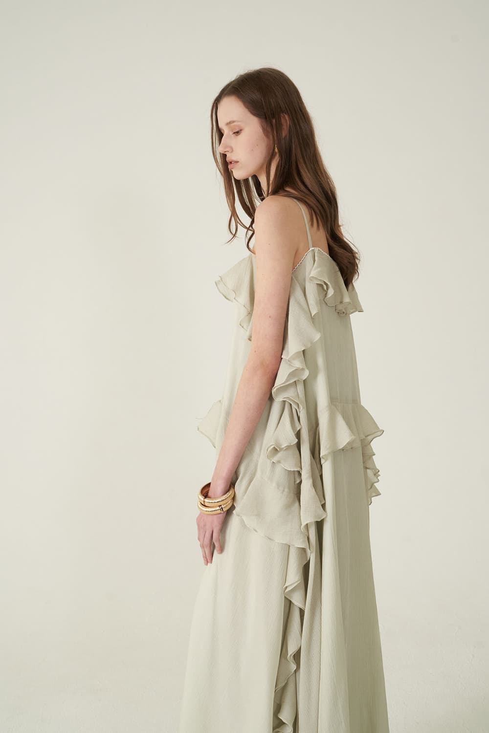 [CAHIERS 26SS] Silver-Thread Stripe Cotton-Silk Tiered Frill Slip Dress — vue 9