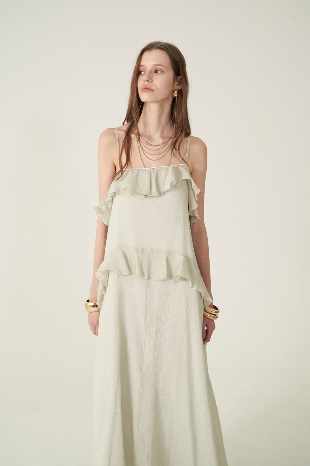 [CAHIERS 26SS] Silver-Thread Stripe Cotton-Silk Tiered Frill Slip Dress — vue 10