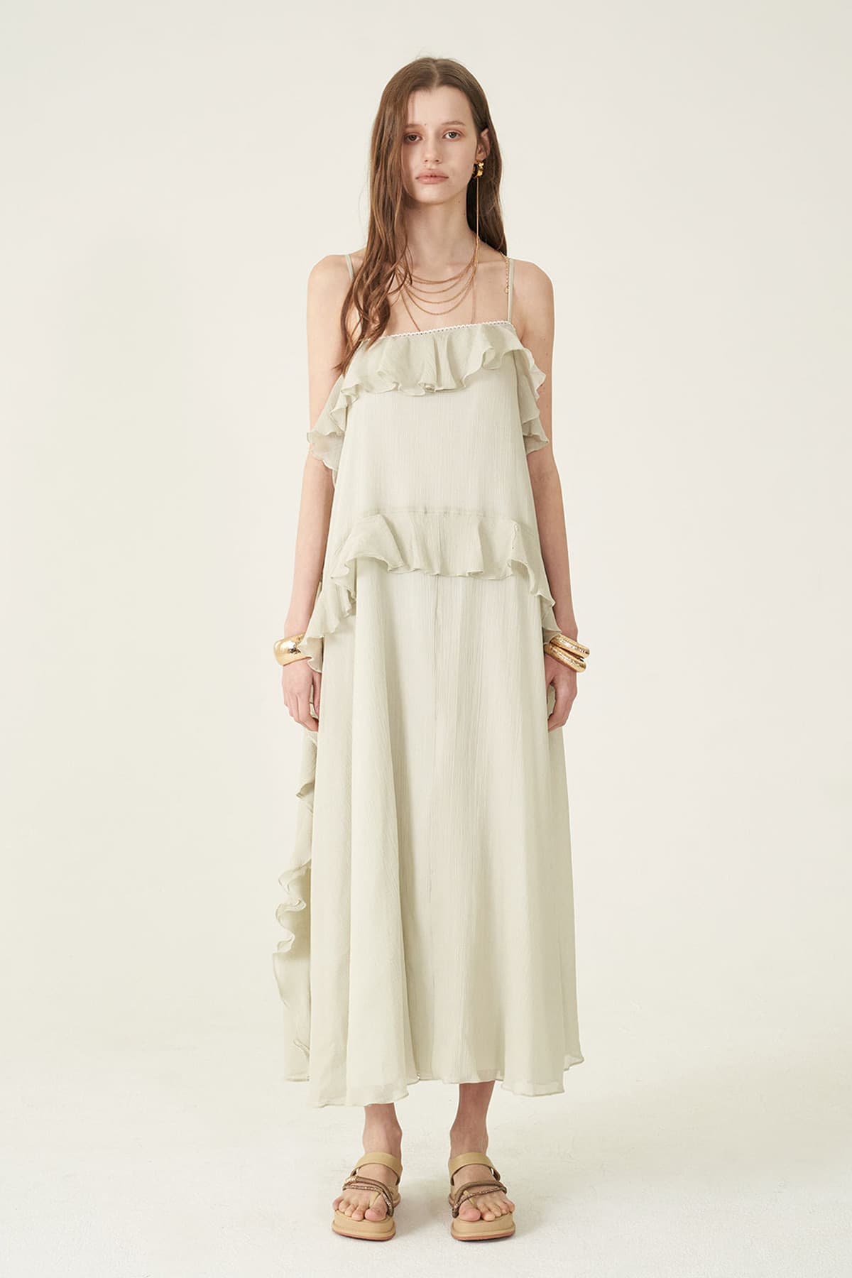 [CAHIERS 26SS] Silver-Thread Stripe Cotton-Silk Tiered Frill Slip Dress — vue 1