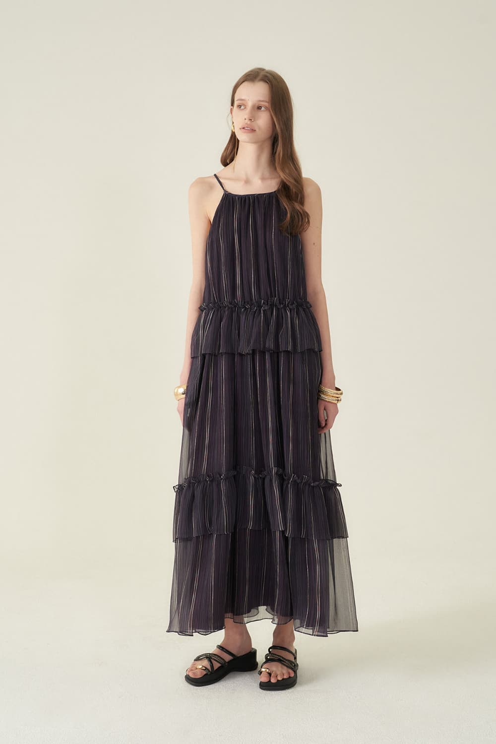 [CAHIERS 26SS] Stripe Silk Tiered Frill Sleeveless Maxi Dress — vue 12