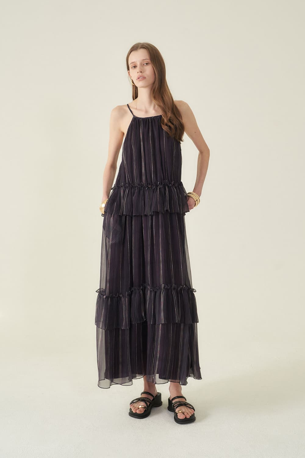 [CAHIERS 26SS] Stripe Silk Tiered Frill Sleeveless Maxi Dress — vue 13