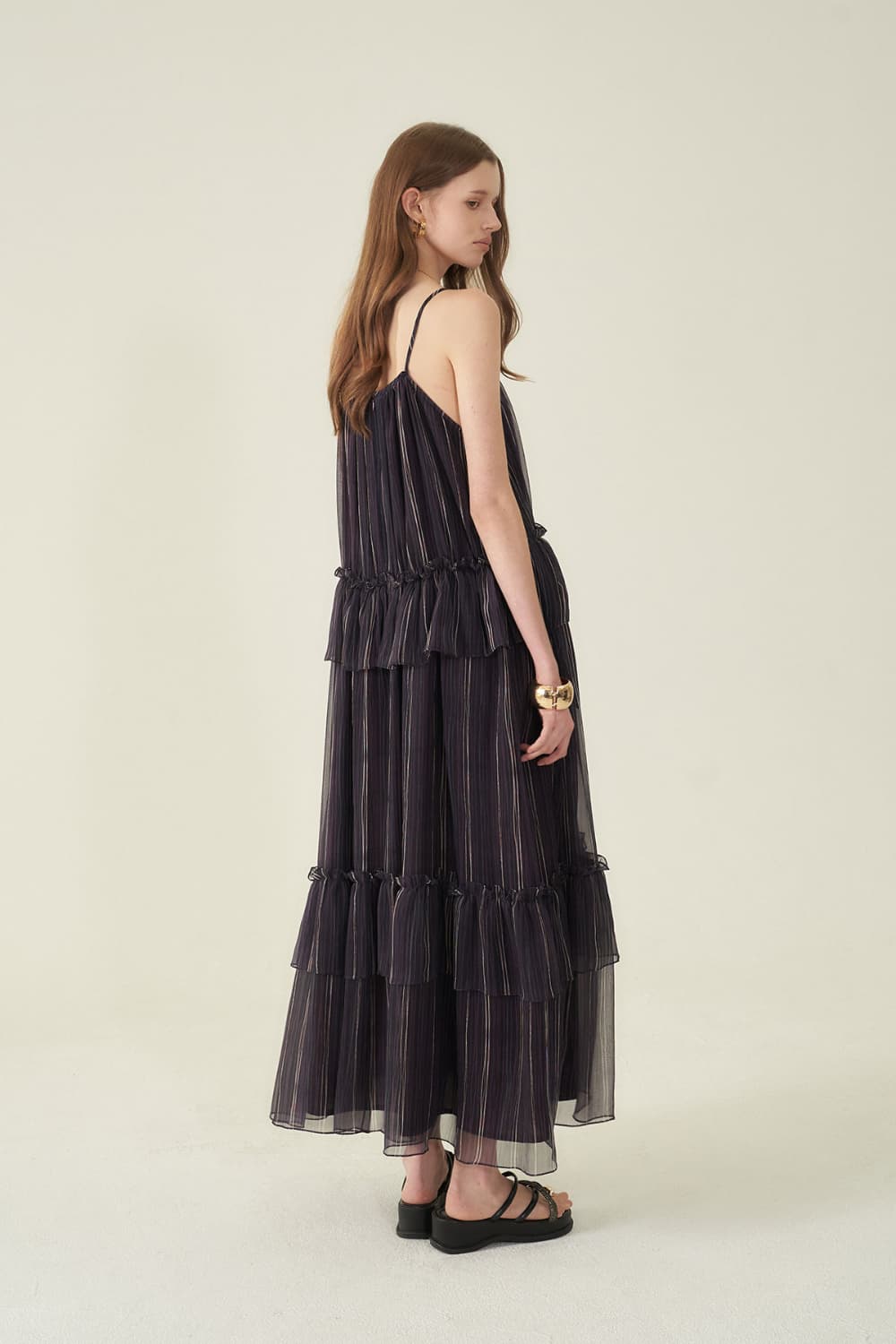 [CAHIERS 26SS] Stripe Silk Tiered Frill Sleeveless Maxi Dress — vue 14