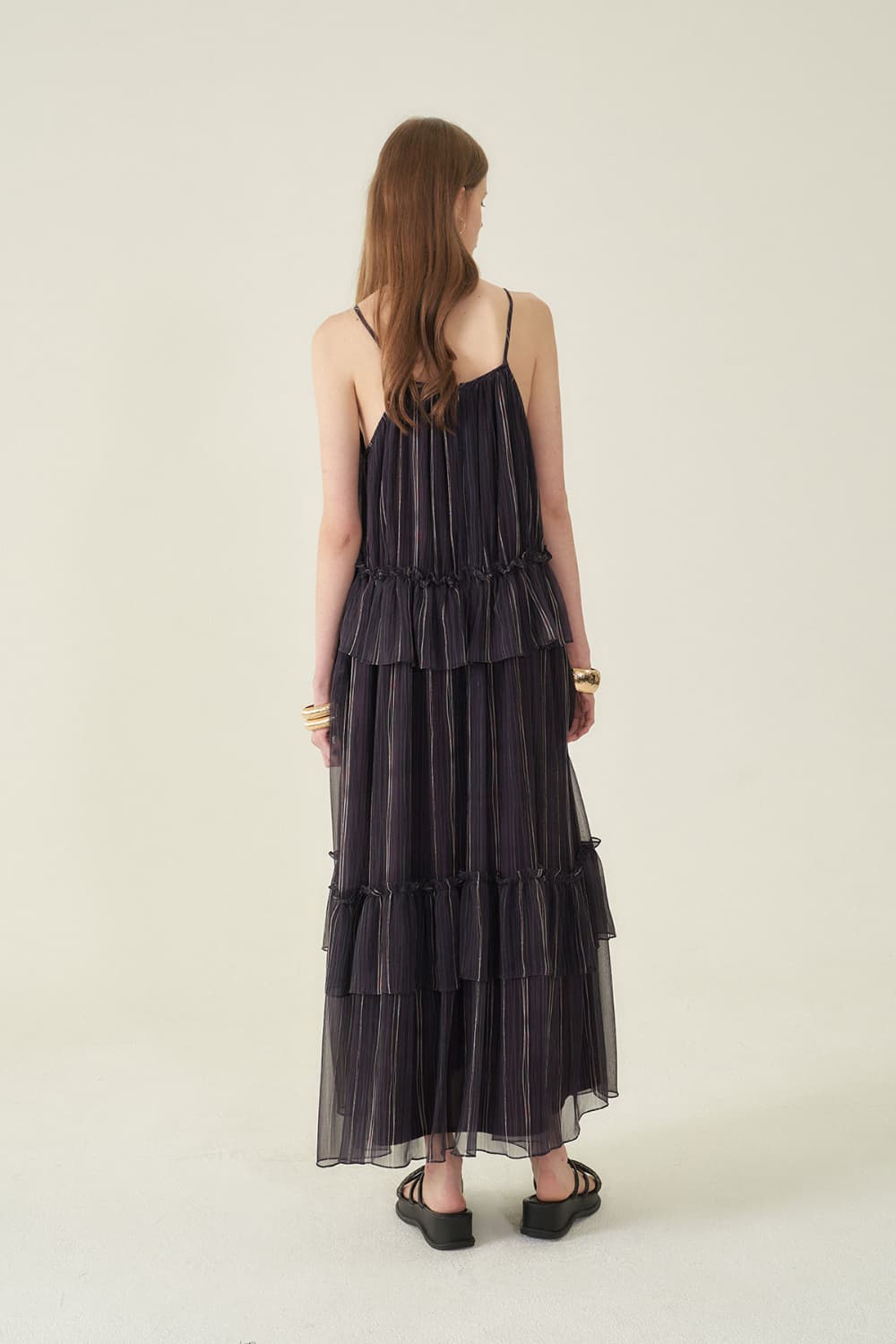 [CAHIERS 26SS] Stripe Silk Tiered Frill Sleeveless Maxi Dress — vue 15