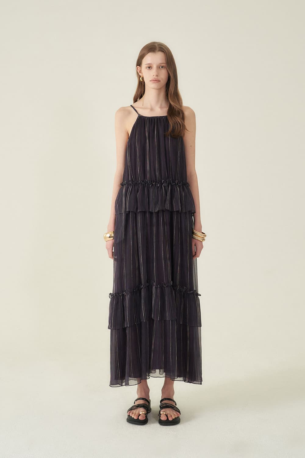 [CAHIERS 26SS] Stripe Silk Tiered Frill Sleeveless Maxi Dress — vue 16