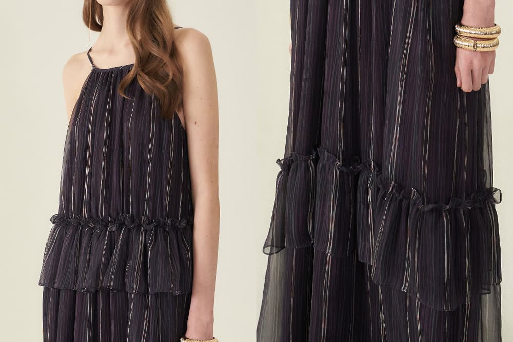 [CAHIERS 26SS] Stripe Silk Tiered Frill Sleeveless Maxi Dress — vue 19