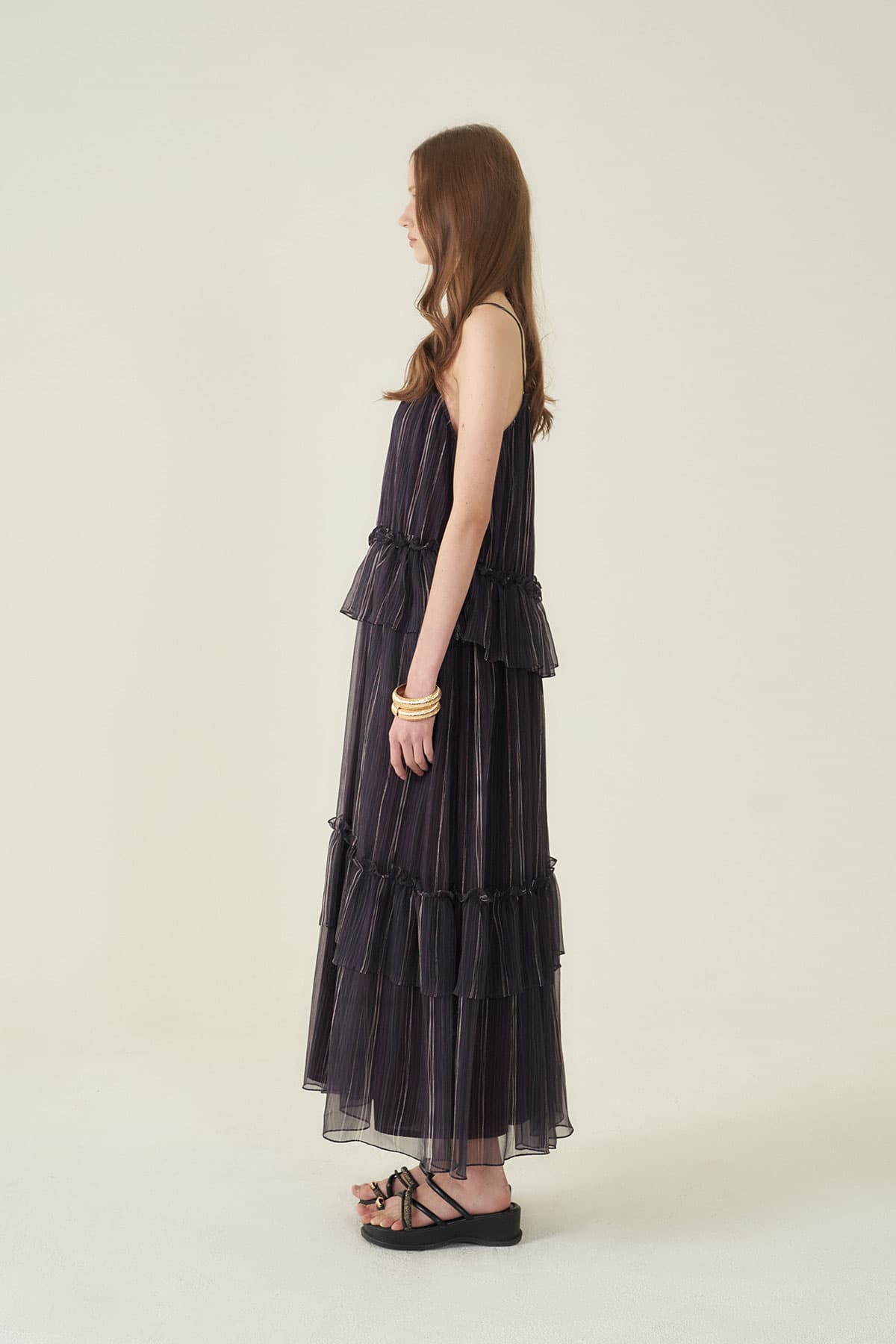 [CAHIERS 26SS] Stripe Silk Tiered Frill Sleeveless Maxi Dress — vue 4