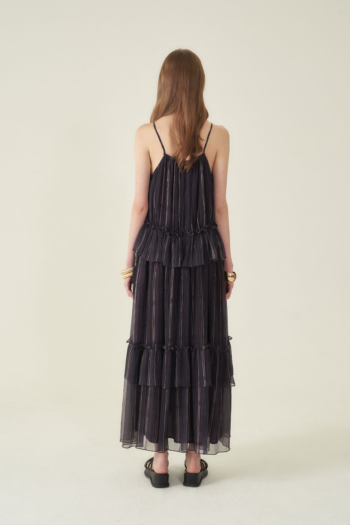 [CAHIERS 26SS] Stripe Silk Tiered Frill Sleeveless Maxi Dress — vue 5