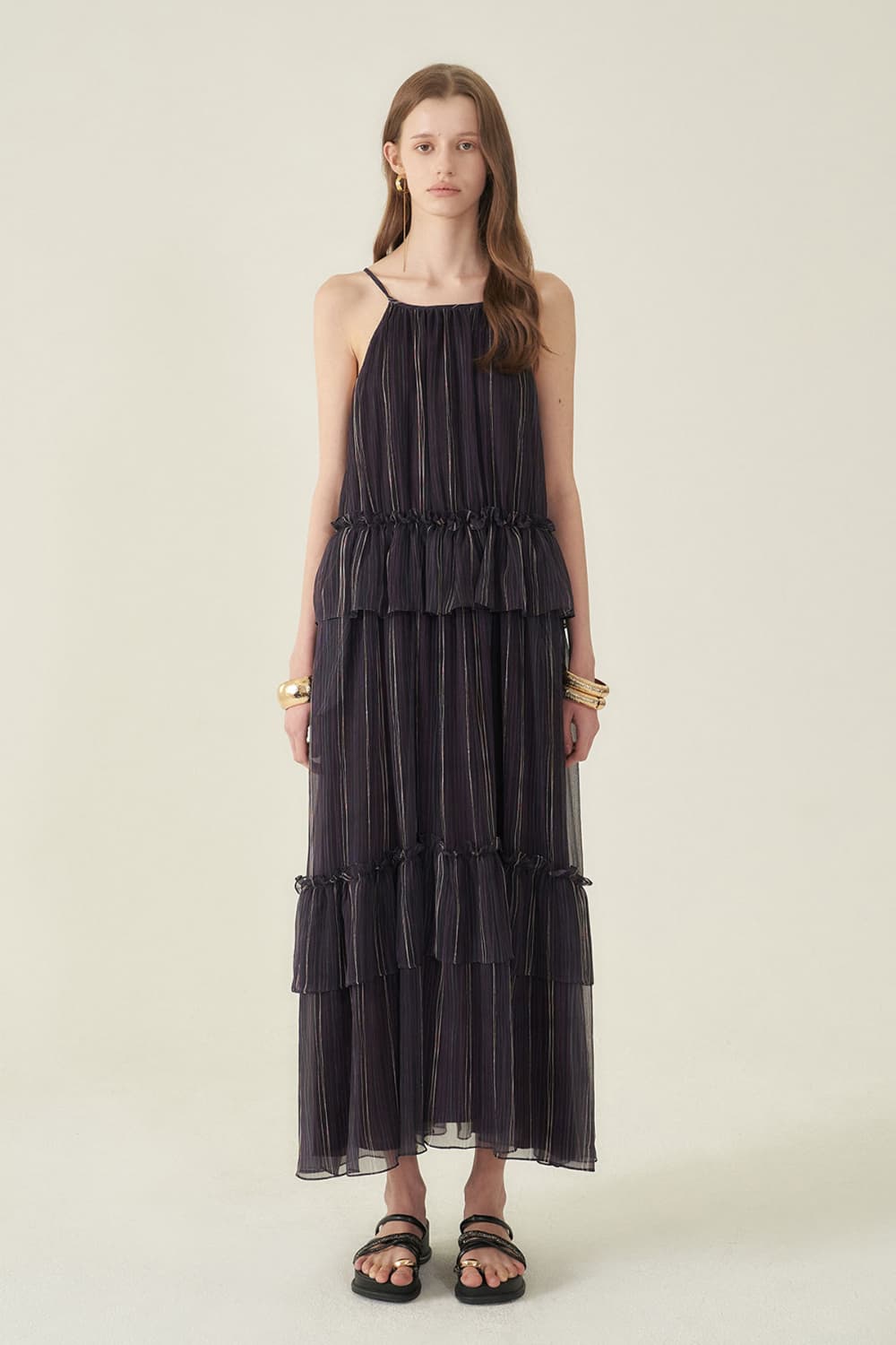 [CAHIERS 26SS] Stripe Silk Tiered Frill Sleeveless Maxi Dress — vue 7