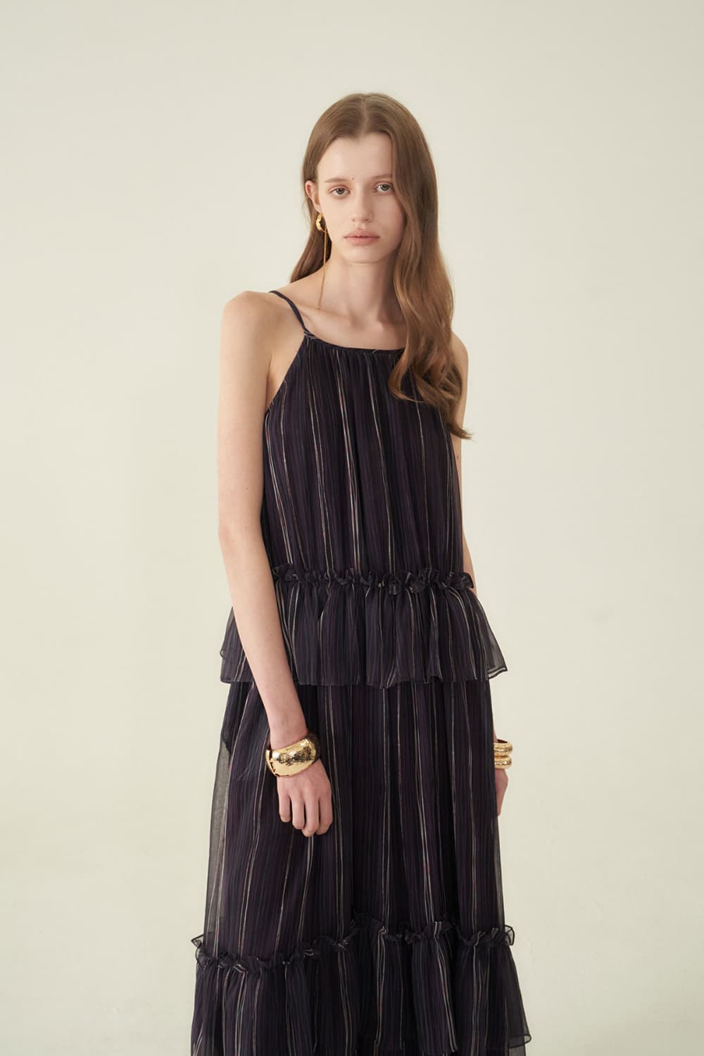 [CAHIERS 26SS] Stripe Silk Tiered Frill Sleeveless Maxi Dress — vue 8