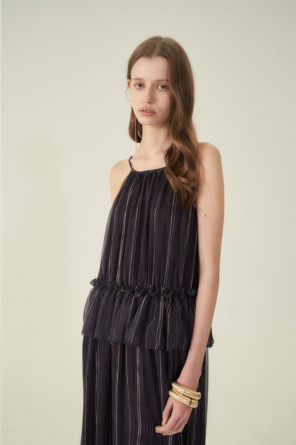 [CAHIERS 26SS] Stripe Silk Tiered Frill Sleeveless Maxi Dress — vue 9