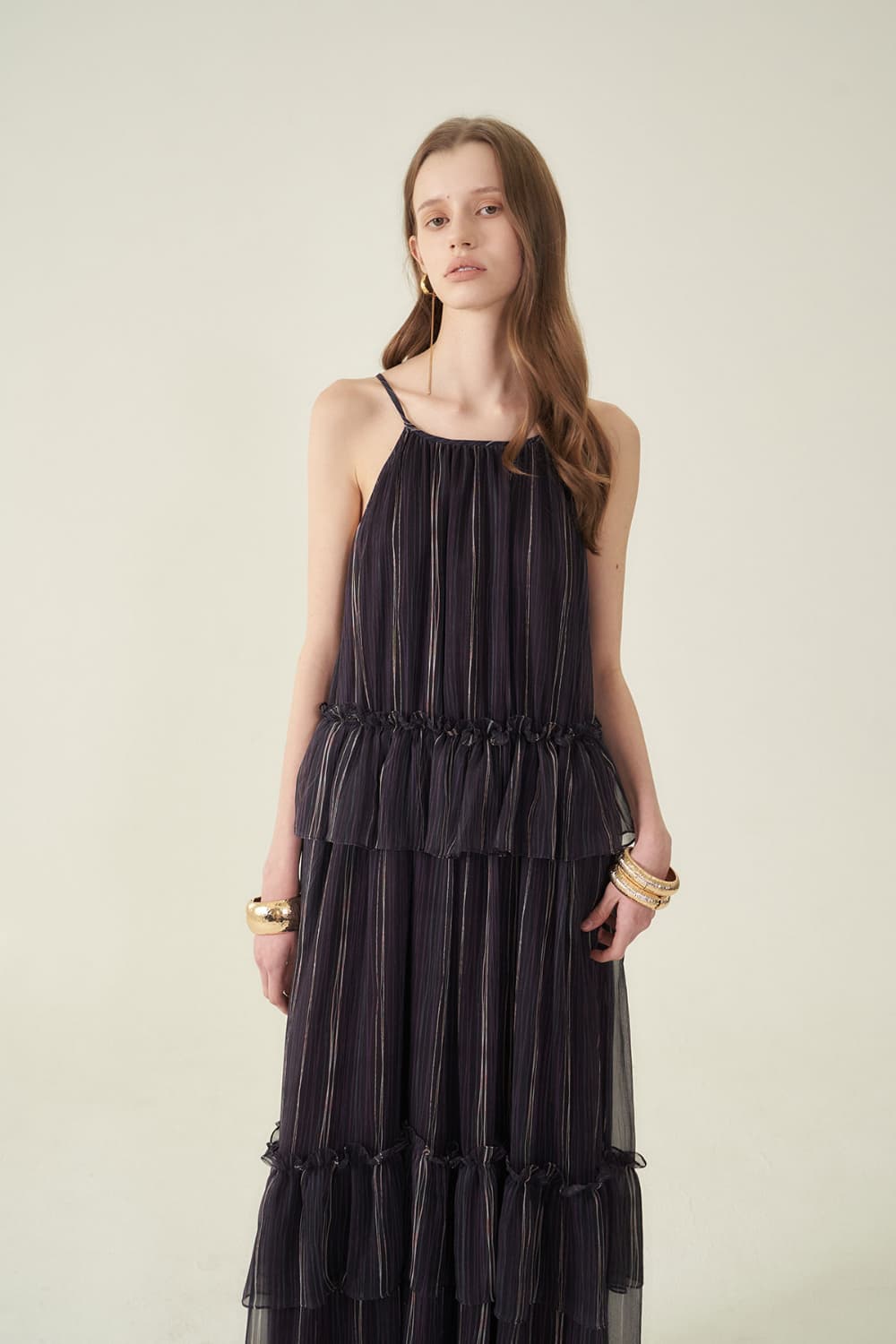 [CAHIERS 26SS] Stripe Silk Tiered Frill Sleeveless Maxi Dress — vue 10