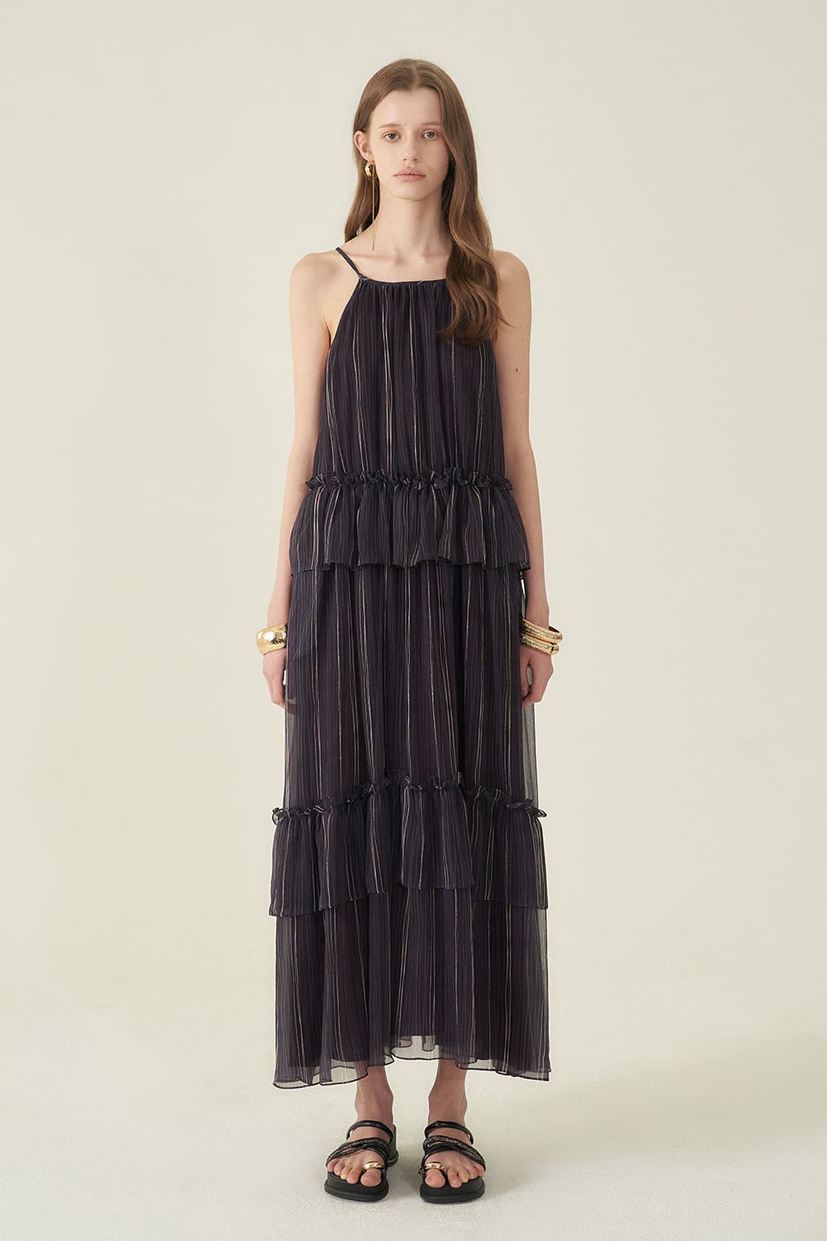 [CAHIERS 26SS] Stripe Silk Tiered Frill Sleeveless Maxi Dress — vue 1