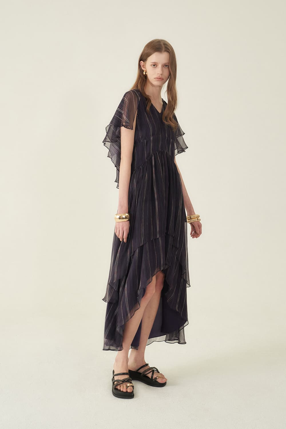 [CAHIERS 26SS] Stripe Silk Flutter Sleeve Asymmetric Dress — vue 11