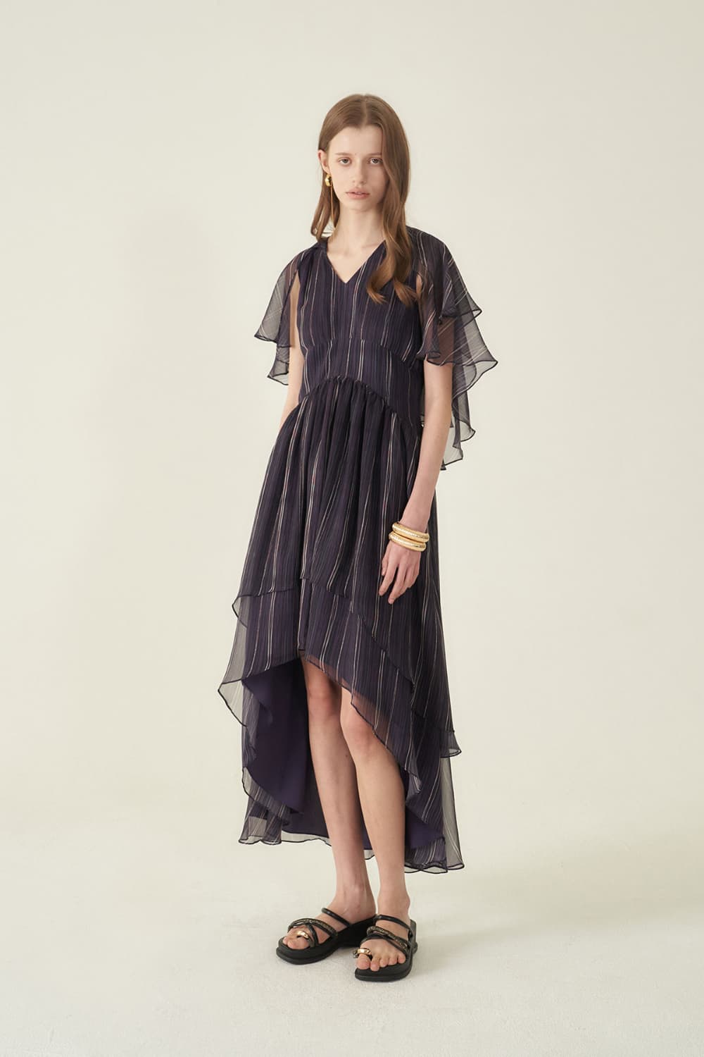 [CAHIERS 26SS] Stripe Silk Flutter Sleeve Asymmetric Dress — vue 13