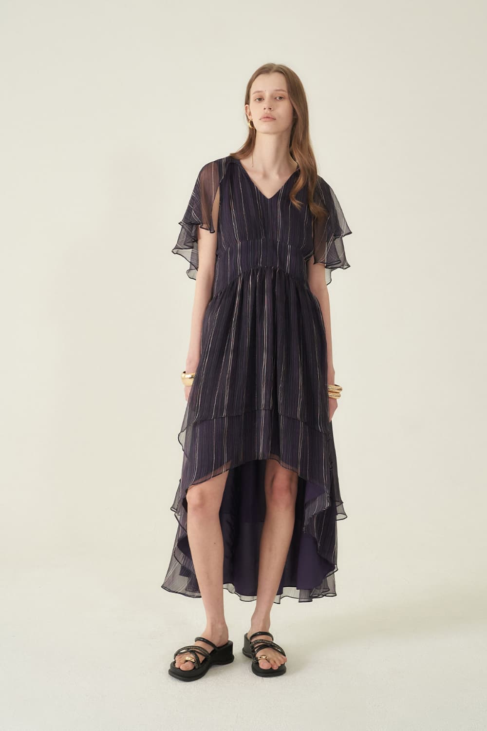 [CAHIERS 26SS] Stripe Silk Flutter Sleeve Asymmetric Dress — vue 14