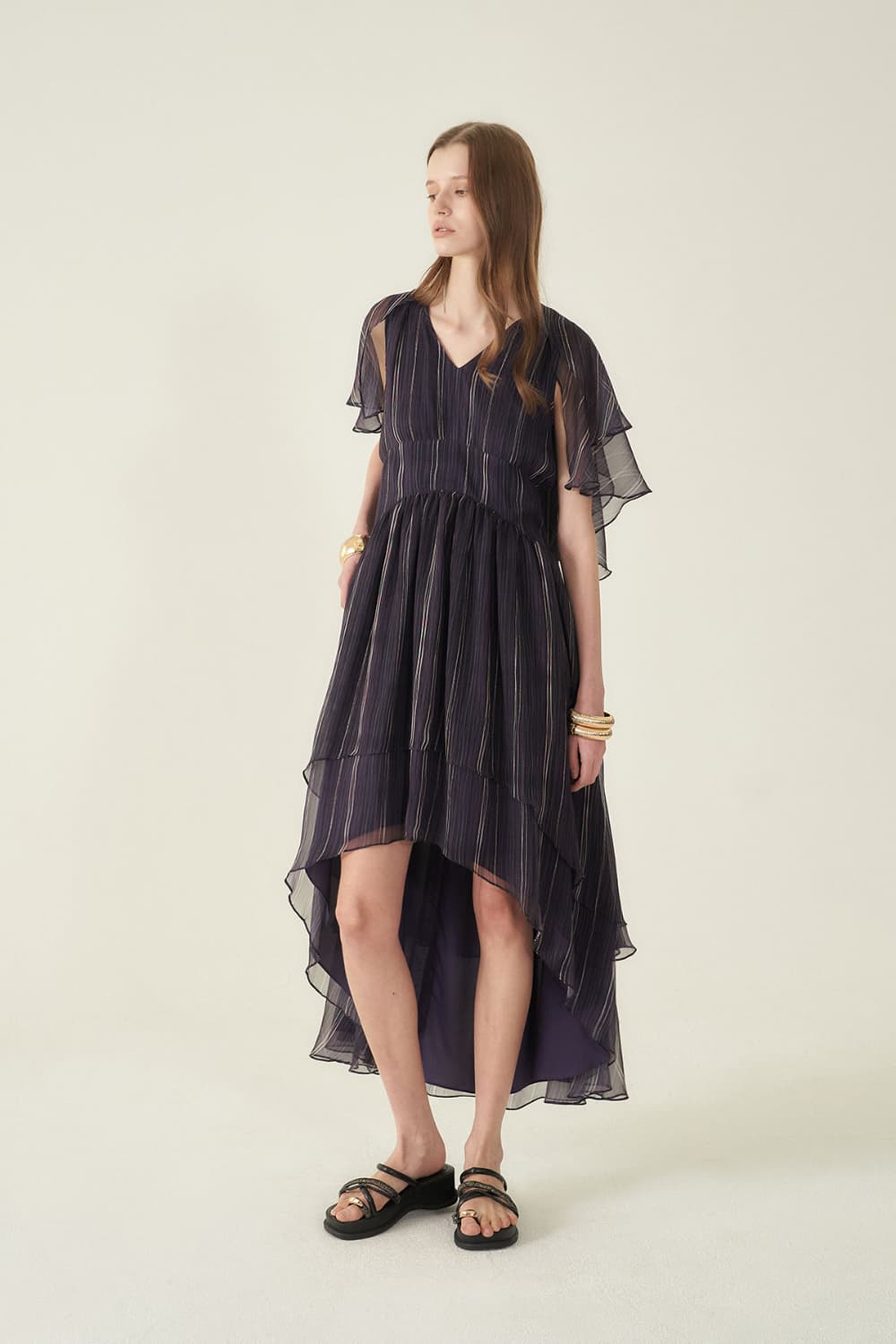 [CAHIERS 26SS] Stripe Silk Flutter Sleeve Asymmetric Dress — vue 15