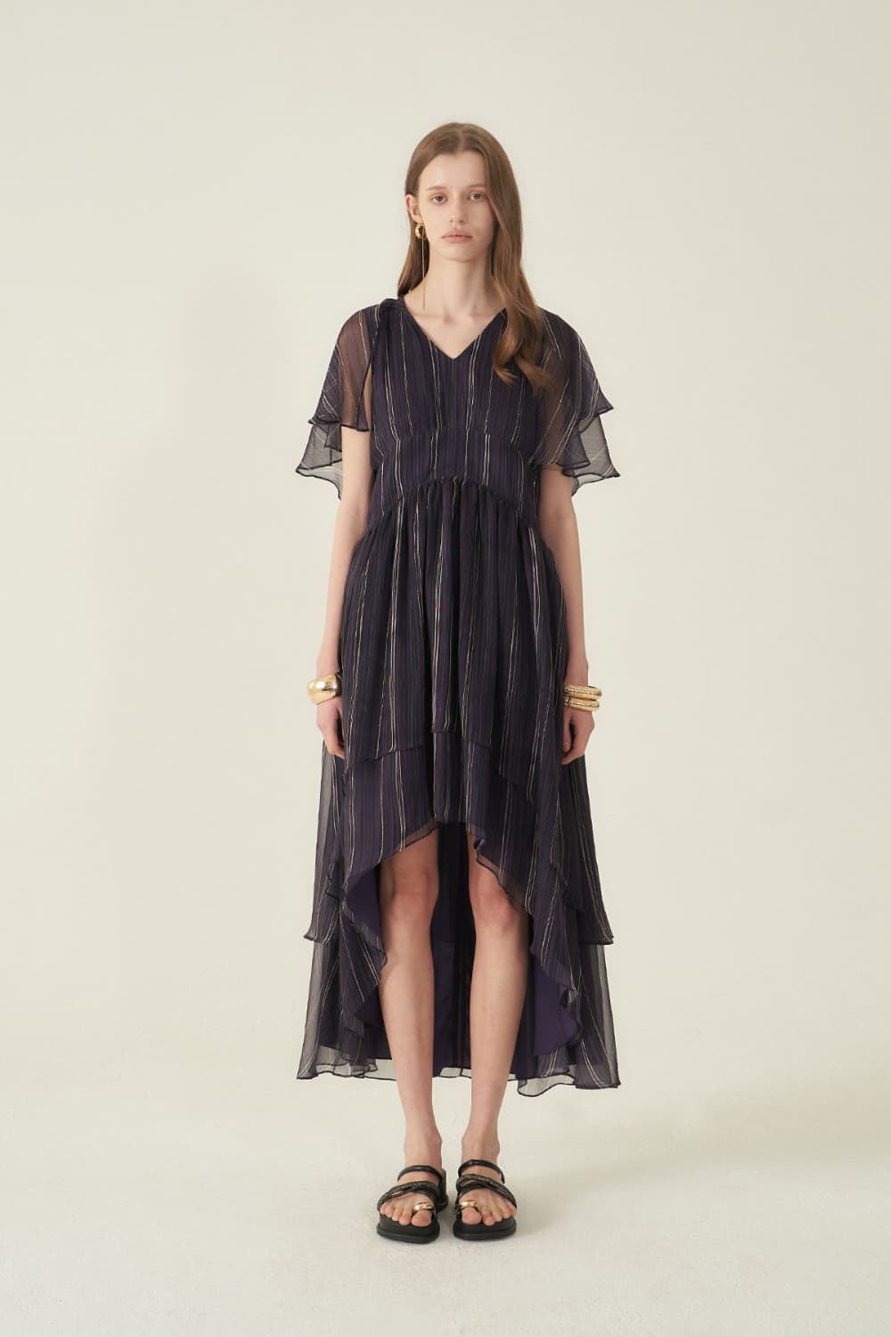 [CAHIERS 26SS] Stripe Silk Flutter Sleeve Asymmetric Dress — vue 19