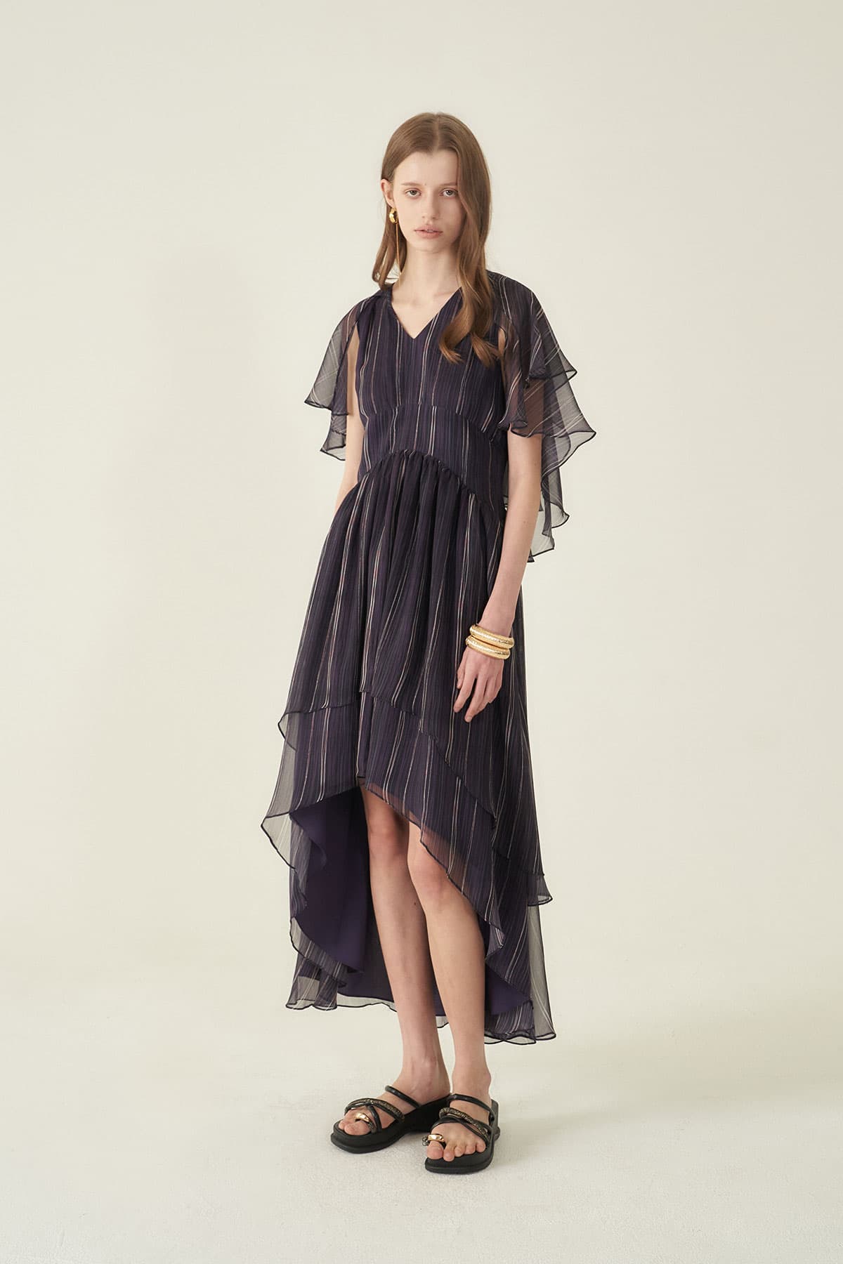 [CAHIERS 26SS] Stripe Silk Flutter Sleeve Asymmetric Dress — vue 3