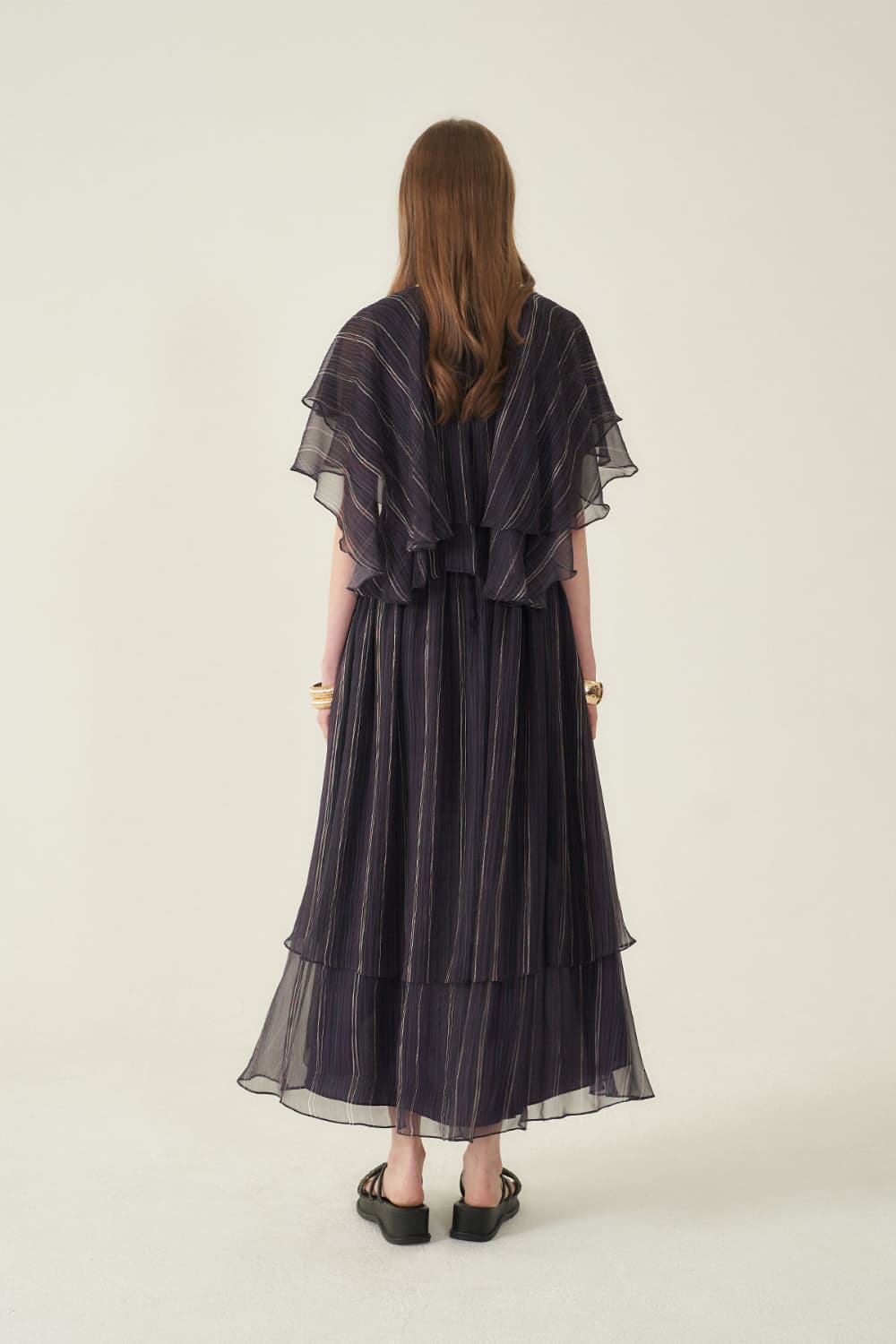 [CAHIERS 26SS] Stripe Silk Flutter Sleeve Asymmetric Dress — vue 21