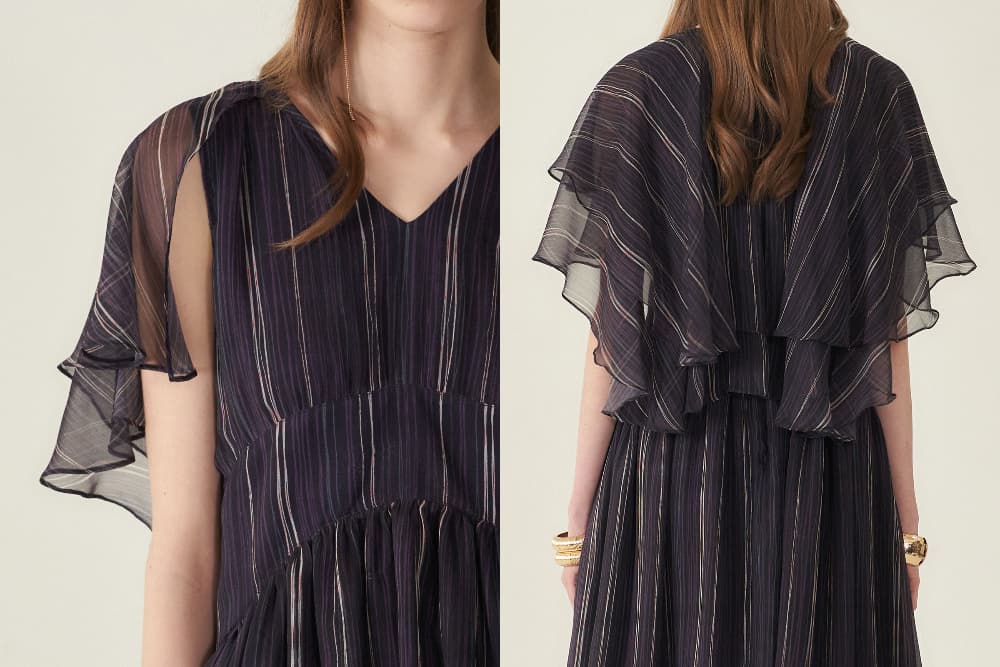 [CAHIERS 26SS] Stripe Silk Flutter Sleeve Asymmetric Dress — vue 22