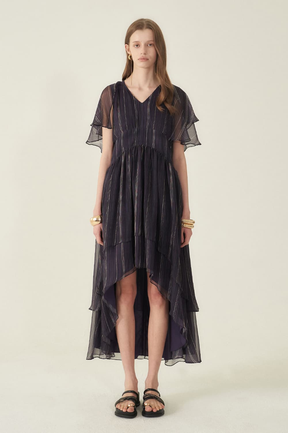 [CAHIERS 26SS] Stripe Silk Flutter Sleeve Asymmetric Dress — vue 7