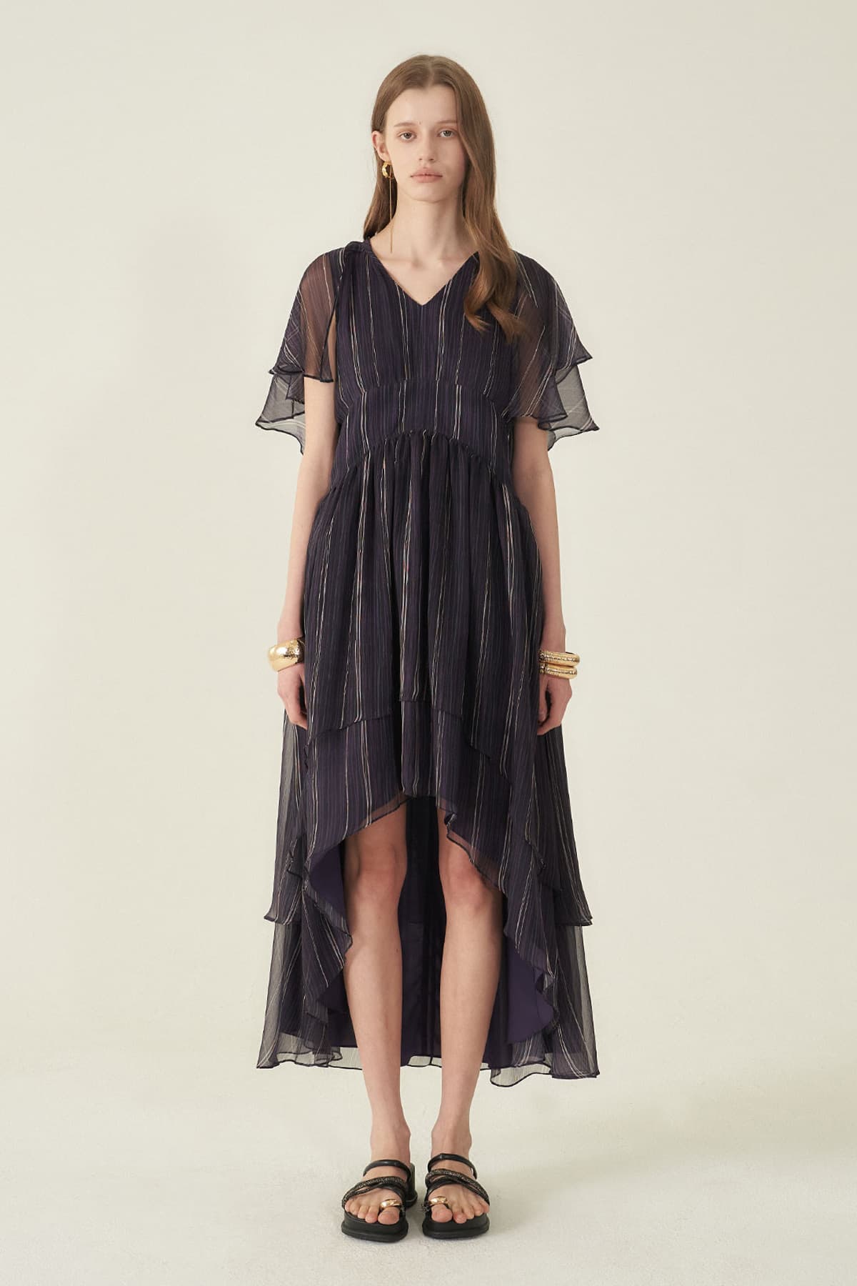 [CAHIERS 26SS] Stripe Silk Flutter Sleeve Asymmetric Dress — vue 1