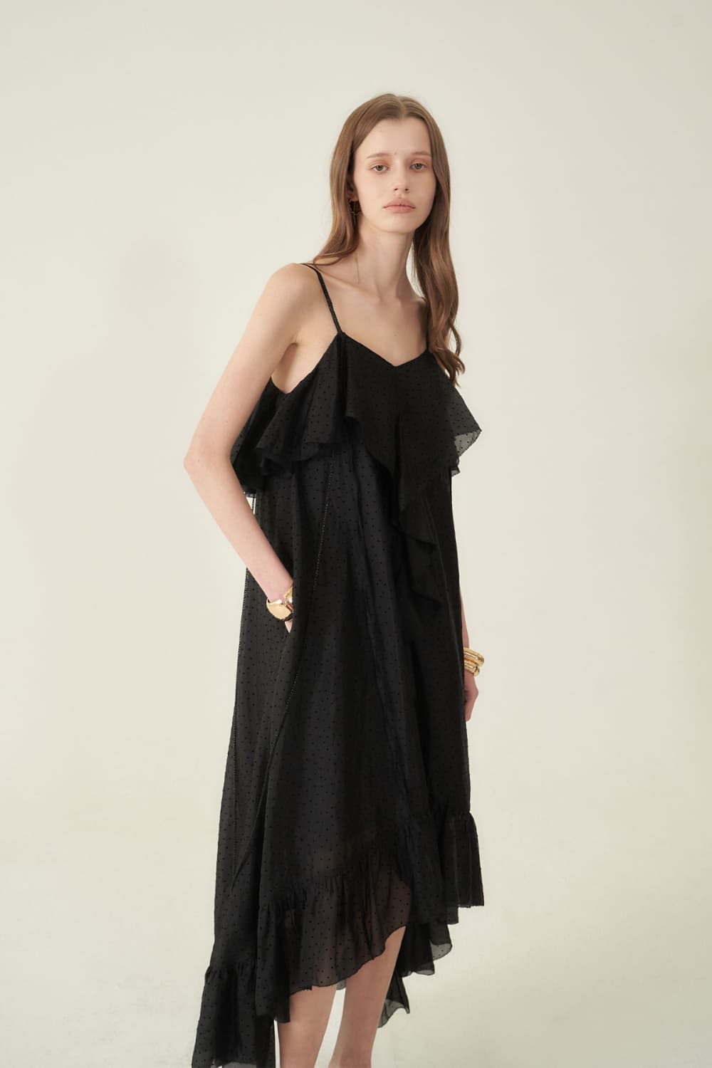 [CAHIERS 26SS] Mini Dot Chiffon Center Frill Asymmetric Dress — vue 12
