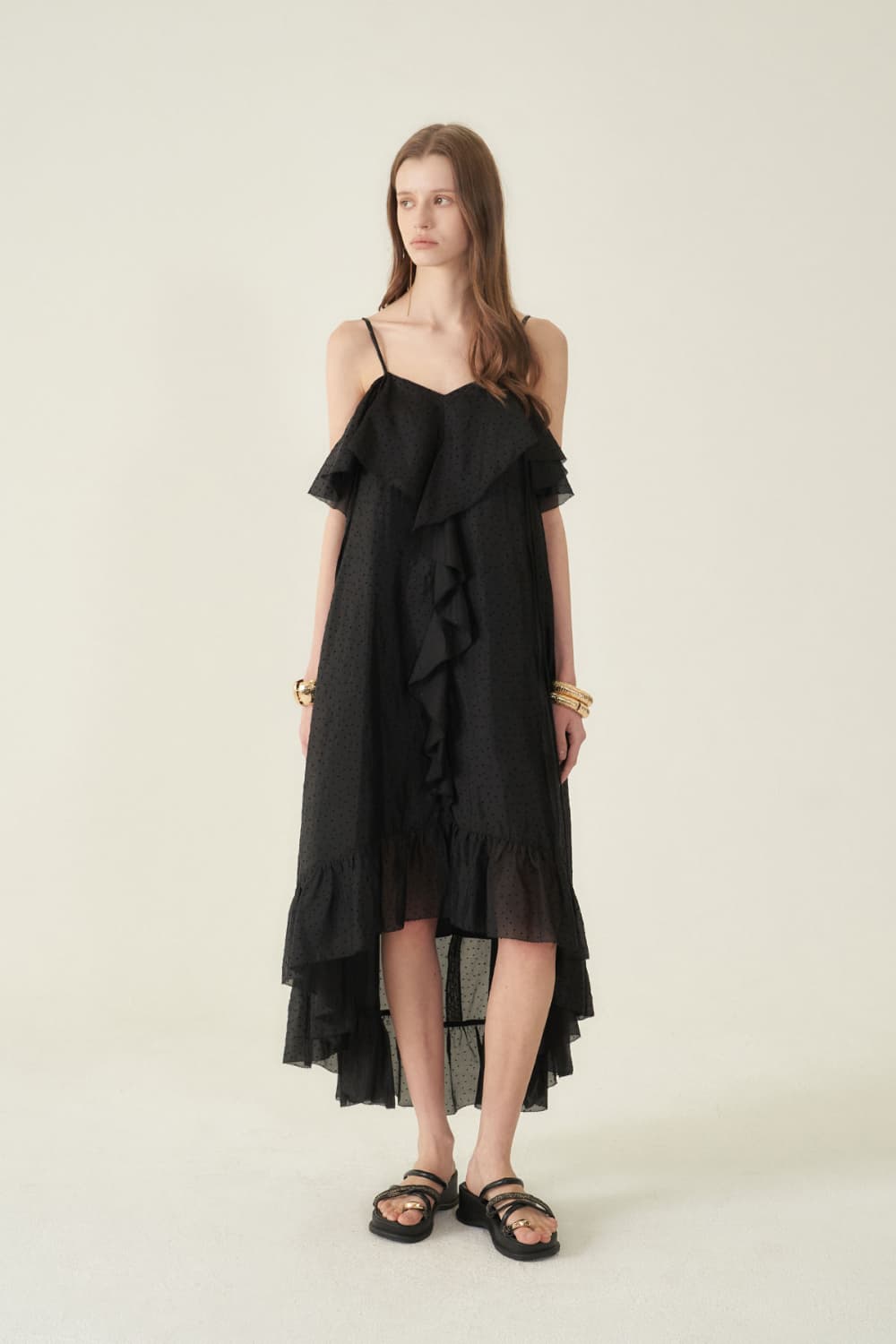 [CAHIERS 26SS] Mini Dot Chiffon Center Frill Asymmetric Dress — vue 14