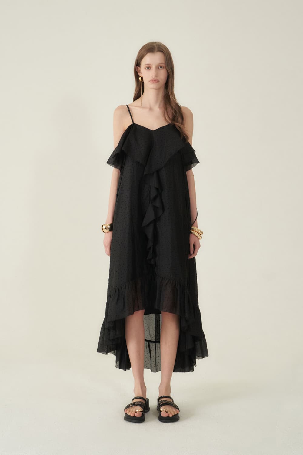 [CAHIERS 26SS] Mini Dot Chiffon Center Frill Asymmetric Dress — vue 18