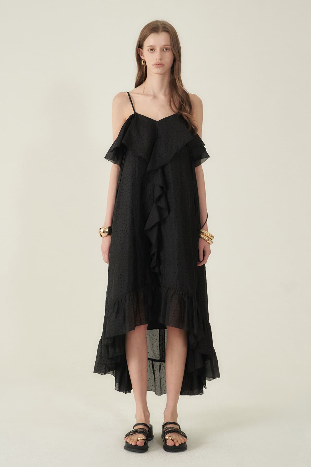 [CAHIERS 26SS] Mini Dot Chiffon Center Frill Asymmetric Dress — vue 1