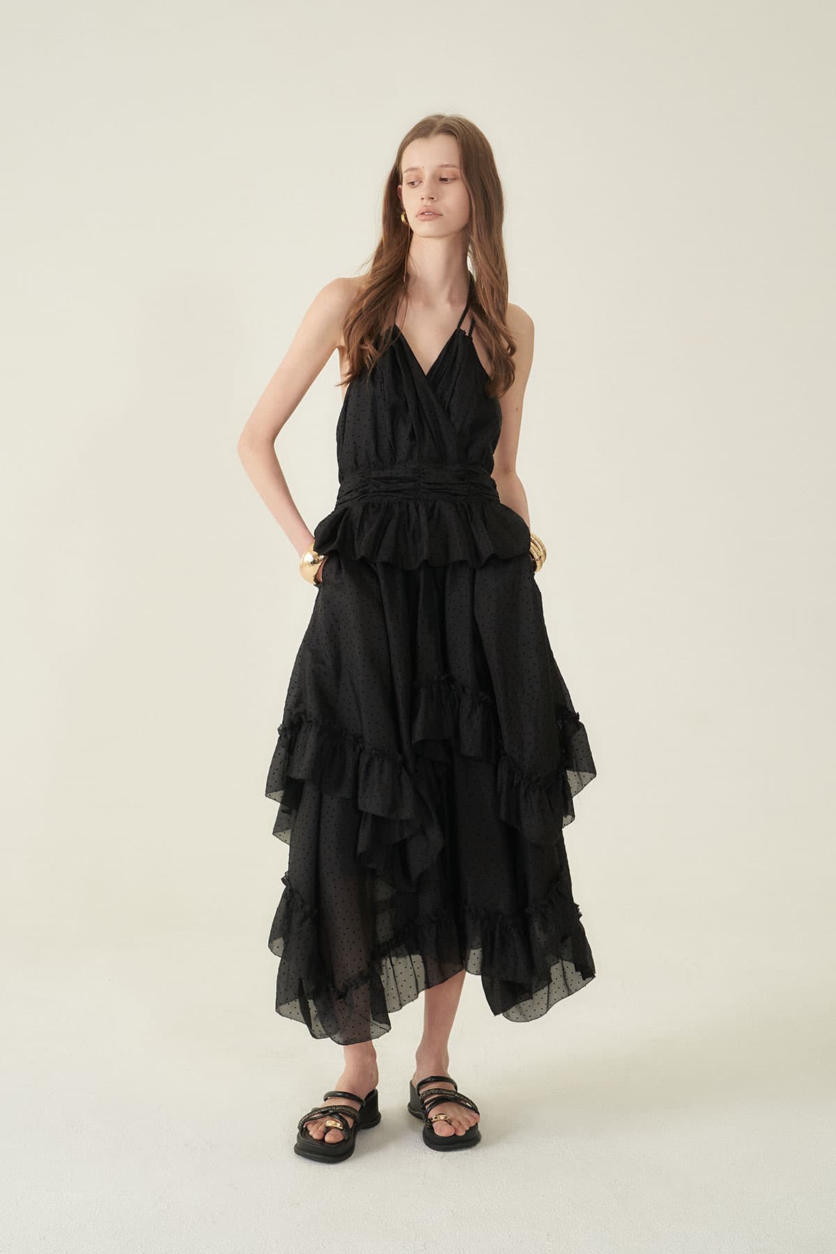 [CAHIERS 26SS] Mini Dot Chiffon Tiered Frill Halterneck Dress — vue 3