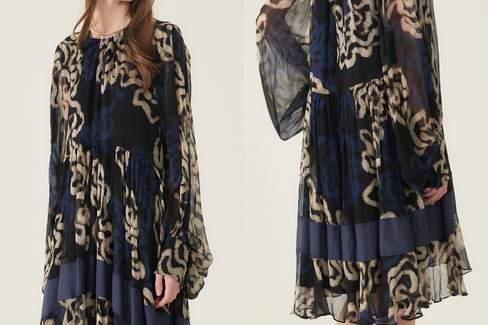 [CAHIERS 26SS] Art Graphic Chiffon Silk Layered Long-Sleeve Dress — vue 21