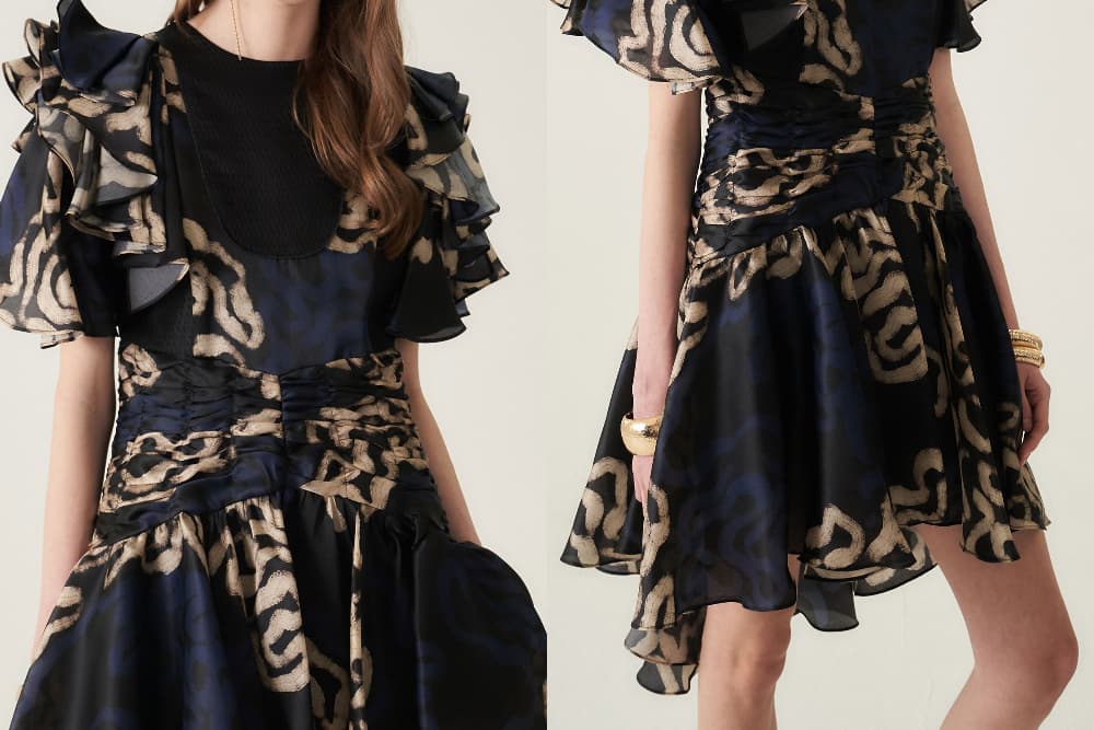[CAHIERS 26SS] Art Graphic Satin Silk Ruffle Sleeve Asymmetric Dress — vue 21
