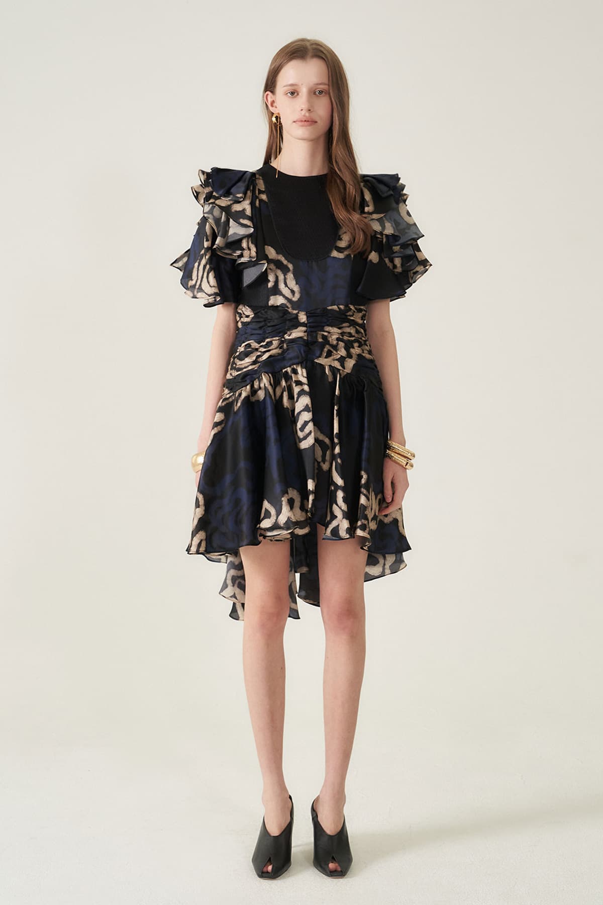 [CAHIERS 26SS] Art Graphic Satin Silk Ruffle Sleeve Asymmetric Dress