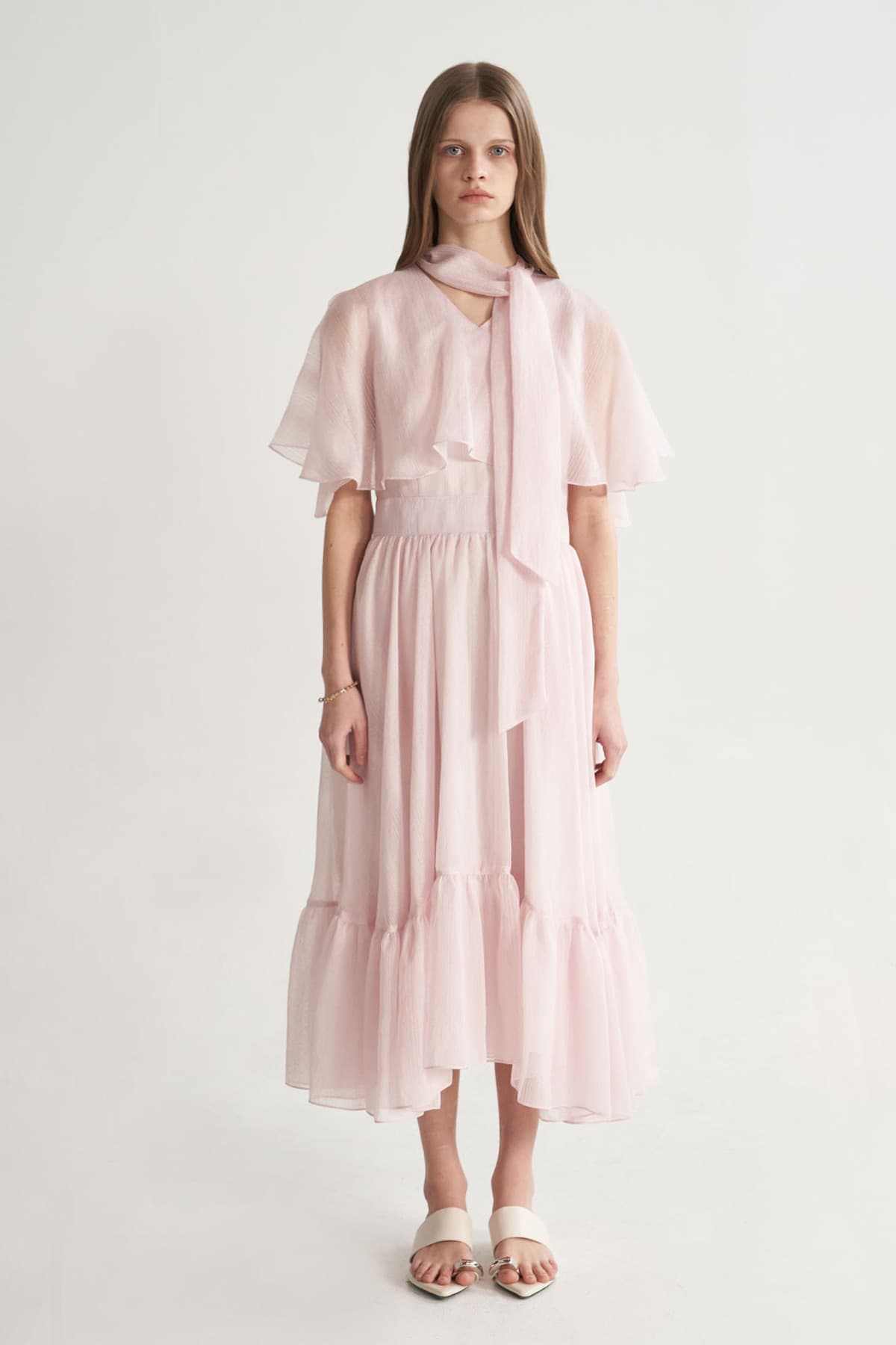 [CAHISIENNE 26SS] Structural Cape V-Neck Long Dress (Pink)
