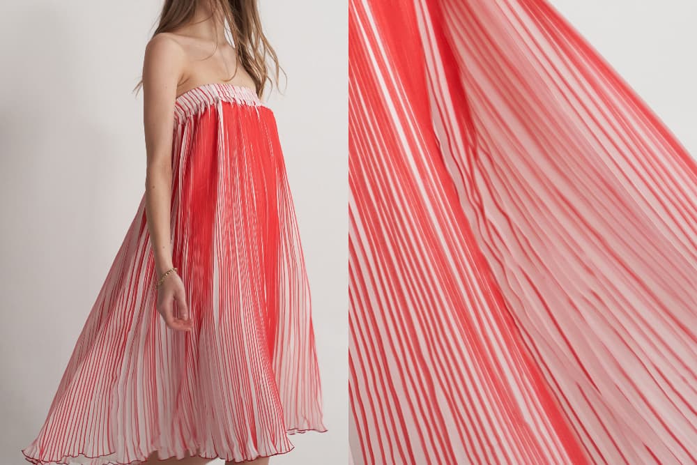 [CAHISIENNE 26SS] Red & White Pleated Off-Shoulder Banded Dress — vue 16