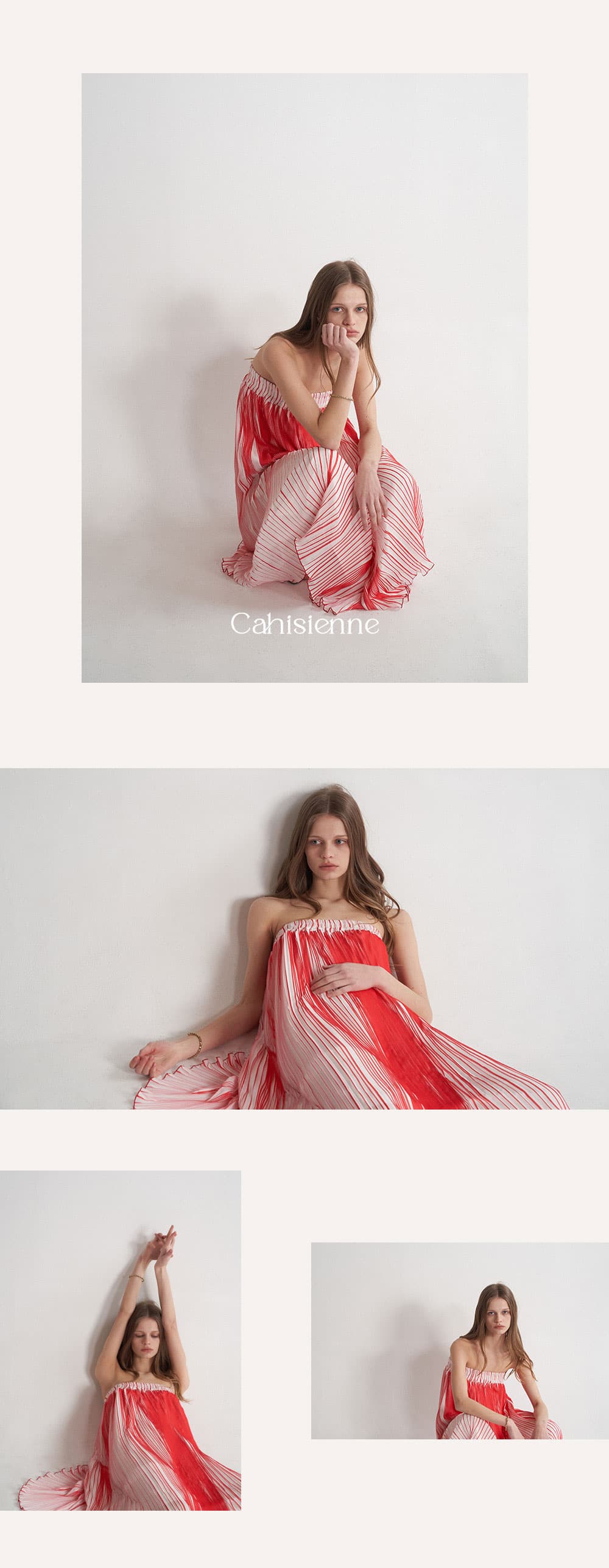 [CAHISIENNE 26SS] Red & White Pleated Off-Shoulder Banded Dress — vue 6
