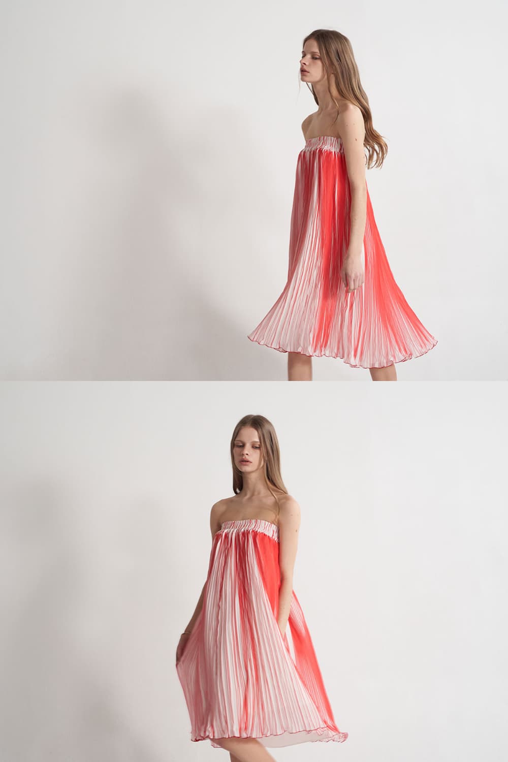 [CAHISIENNE 26SS] Red & White Pleated Off-Shoulder Banded Dress — vue 7