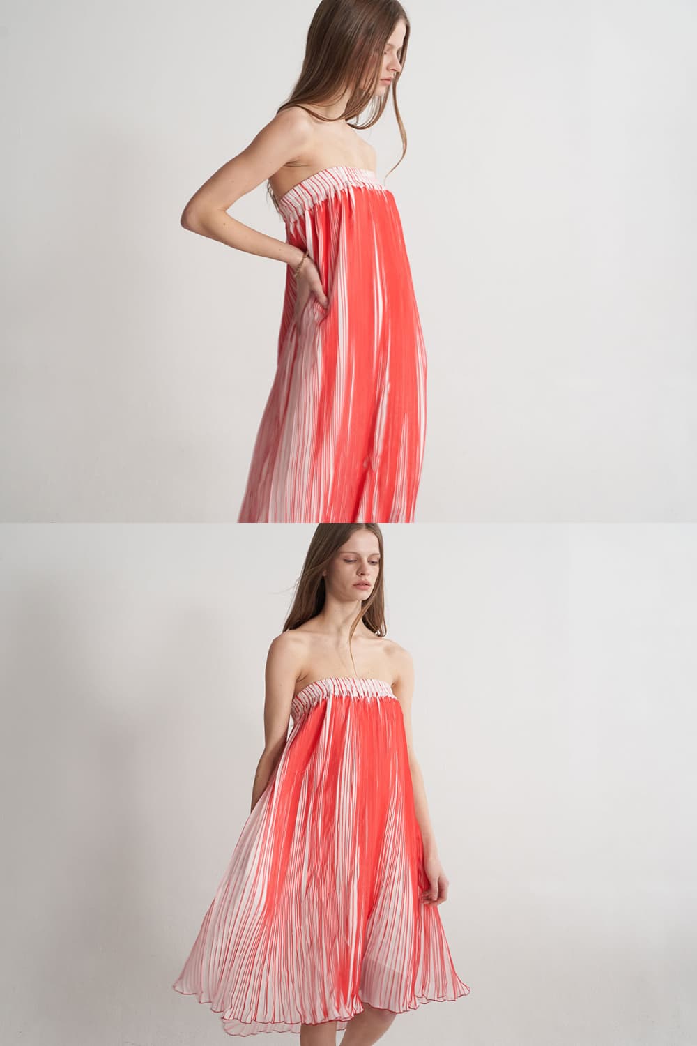 [CAHISIENNE 26SS] Red & White Pleated Off-Shoulder Banded Dress — vue 8
