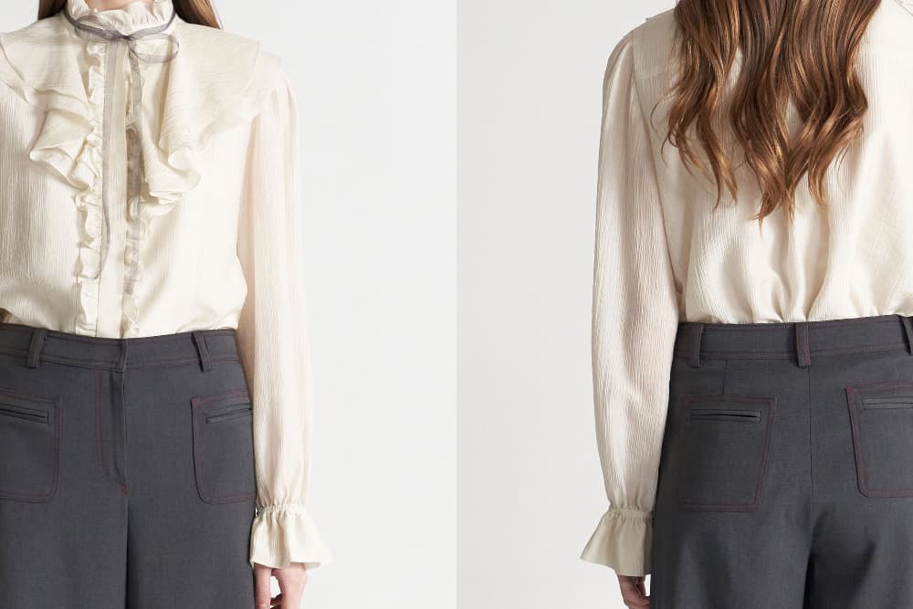 [CAHISIENNE 26SS] Gray Organza Ribbon Jabot Frill Blouse — vue 15