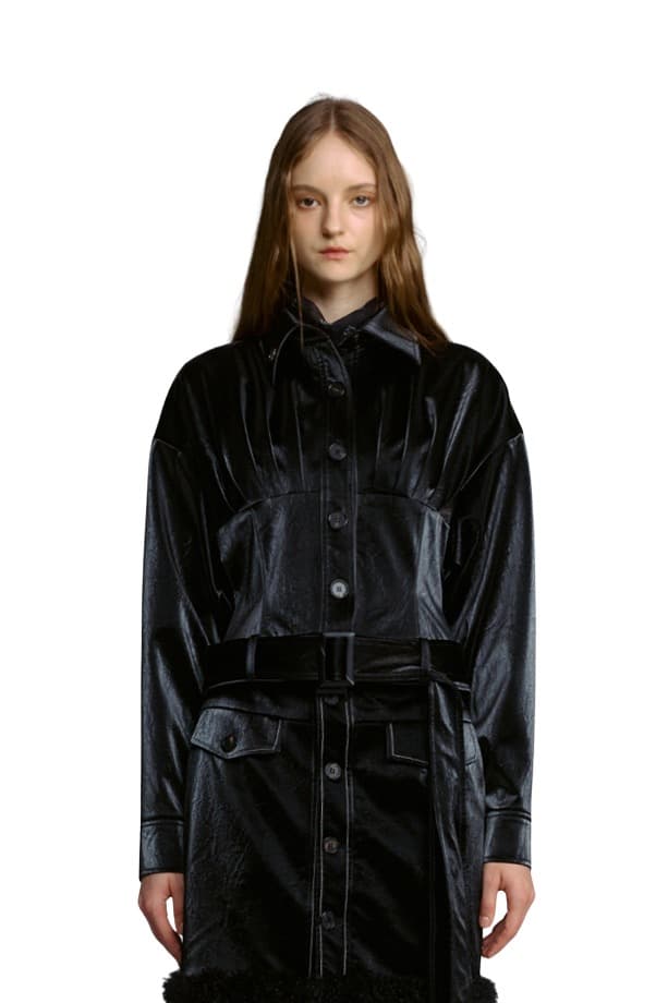 Fake Leather Pintuck Jacket (BK)