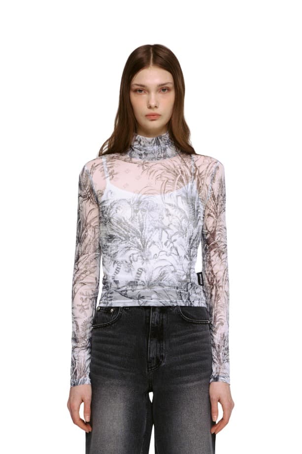 Mesh Print Turtleneck T-shirt (BK)