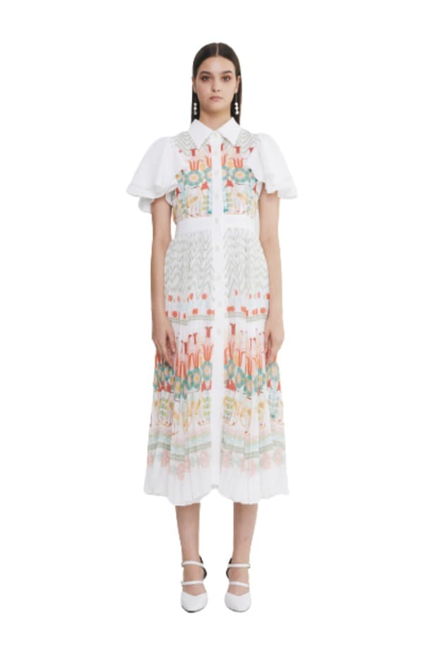 Pleated Ruffle-sleeve Dress (WH)