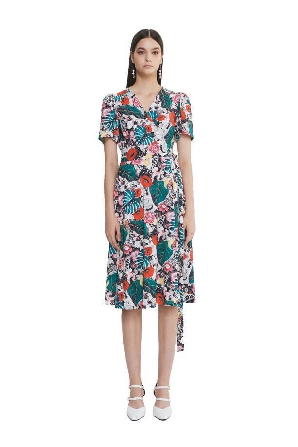 Shirring Short-sleeve Midi Wrap Dress (R)